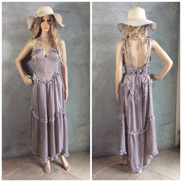 🌸 BOHO STRIPPED MAXI LONG DRESS RUFFLE DARLING - Picture 5 of 7